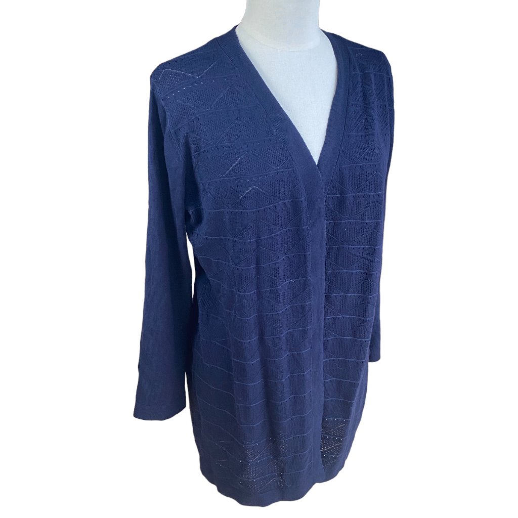 80 Park Pointelle Knit Open Front Cardigan Navy Blue Long Academia Cottage-Xl